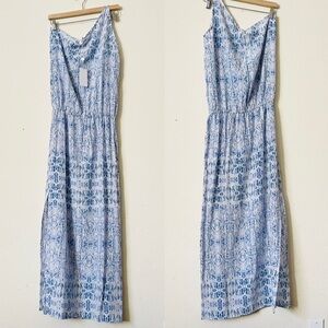 NWT MIKOH Size 2 blue printed 100% silk one shoulder maxi dress